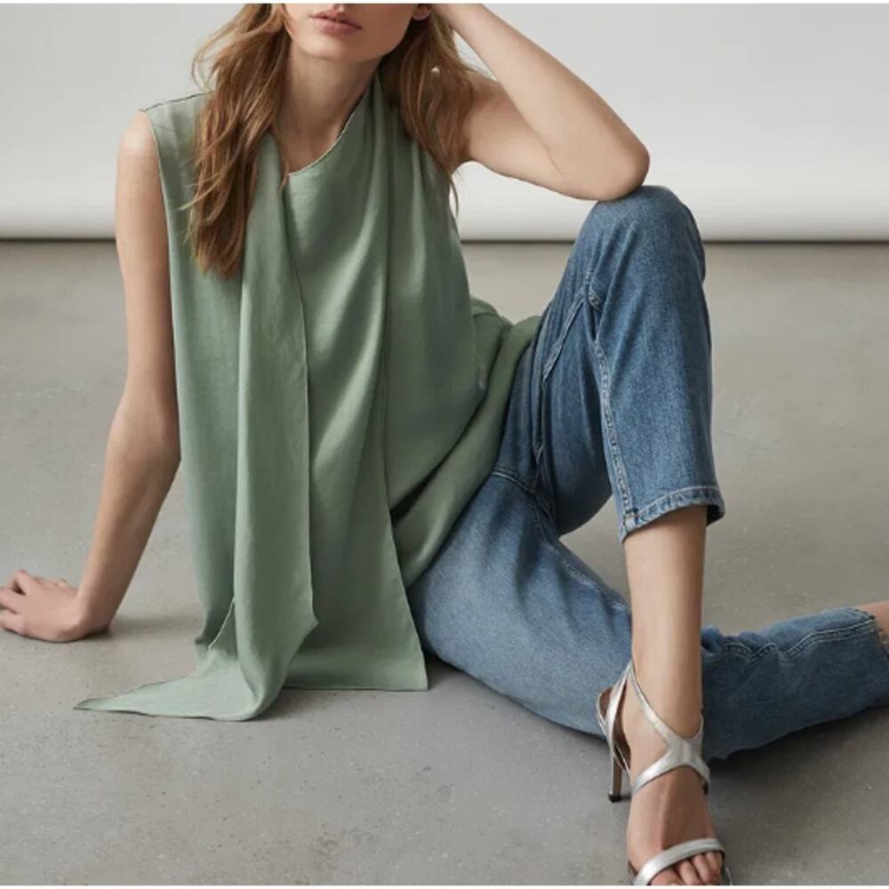 REISS Claire Drape Detail Sleeveless Blouse Top Satin Sage Green US 6